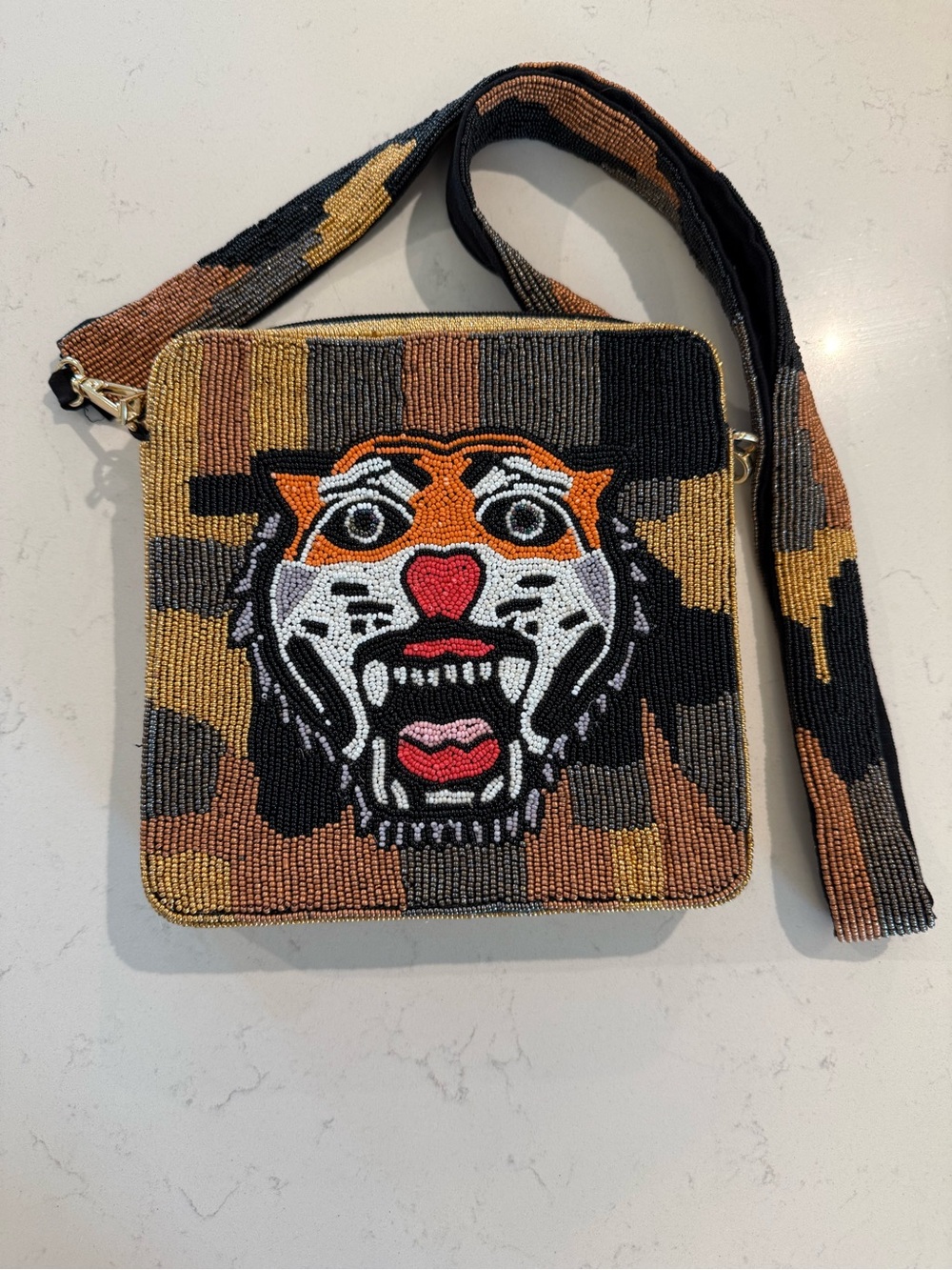 Beaded Tiger Crossbody Bag Camo Statement Purse Beaded Strap